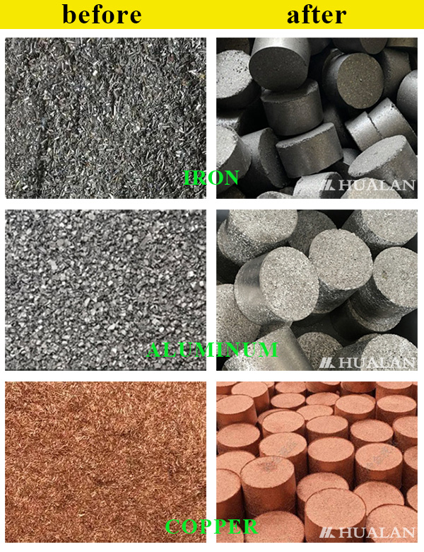 China Metal Chips Briquetting Press Shavings Copper Aluminum Alloy before and after